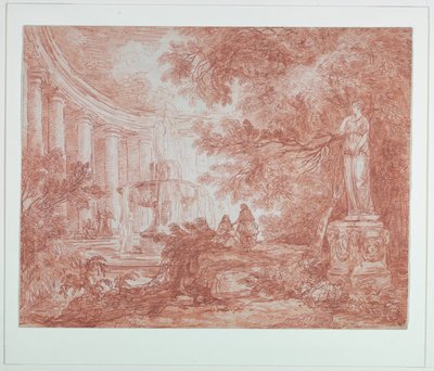 Park met fontein en standbeeld door Hubert Robert