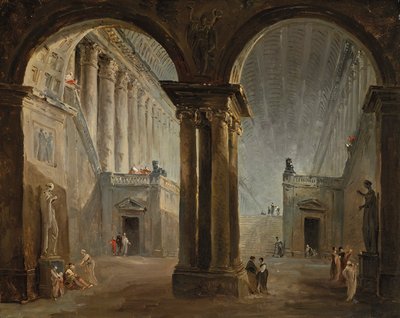 Mensen in een antiekgalerie door Hubert Robert