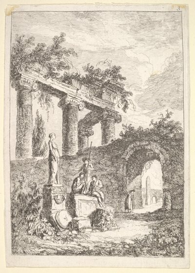 Plaat 3: Het Standbeeld Voor de Ruïnes: een standbeeld links naast drie figuren op een p..., ca. 1763-64 door Hubert Robert