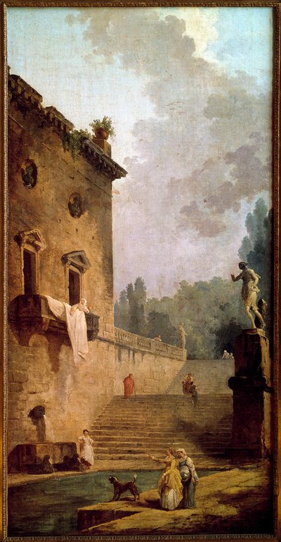 Ruïnes van een portiek met wasplaats door Hubert Robert