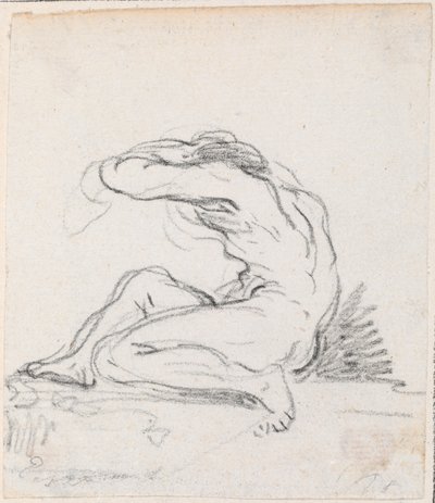 Zittende Mannelijke Naakt met Arm over Hoofd, van de Zijkant Gezien door Hubert Robert