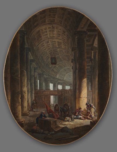 De zuilengang van Sint-Pieter, Rome, tijdens het conclaaf, ca. 1769 door Hubert Robert