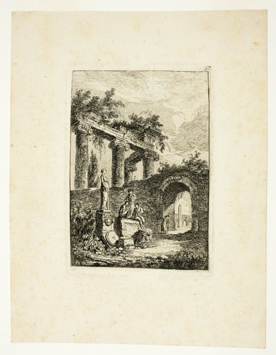 Het standbeeld voor de ruïnes, plaat drie uit Les Soirées de Rome door Hubert Robert