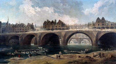 De sloop van de huizen op de brug Notre-Dame in Parijs in 1786 Op de Seine, een bootwasserij. schilderij door Hubert Robert (1733-1808) 1786 door Hubert Robert
