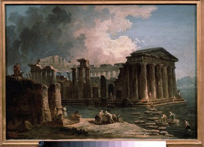 Een tempel omringd door water door Hubert Robert