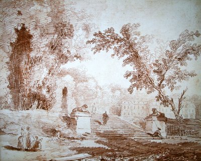 Uitzicht op een Tuin met een Terras door Hubert Robert