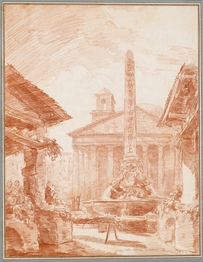 Uitzicht op de Piazza della Rotonda in Rome met de Tritons fontein en de gevel van het Pantheon door Hubert Robert