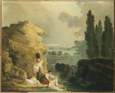 Wasvrouwen bij een Waterval door Hubert Robert