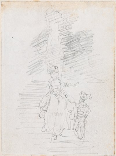 Vrouw en Kleinere Mannelijke Figuur op Grote Trap [recto] door Hubert Robert