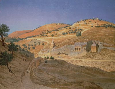 Heuvelachtig landschap met Arabieren en een verwoeste tempel door Hubert Sattler