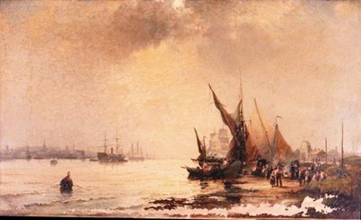 Vissersvolk aan de Oever in een Kalm Estuarium bij Dageraad door Hubert Thornley