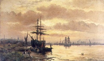 Vissersvolk aan de Oever van een Estuarium bij Zonsondergang door Hubert Thornley