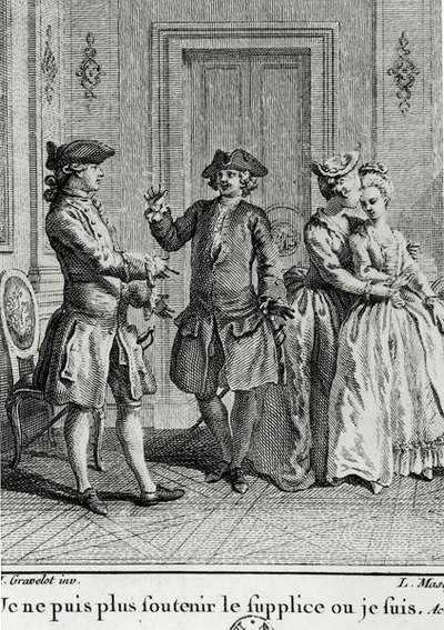 Ik kan de kwellingen hier niet meer verdragen waar ik ben, illustratie voor Eugénie door Beaumarchais, gegraveerd door Louis Joseph Masquelier (1741-1811) door Hubert after Gravelot