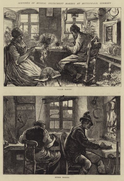 Schetsen van muziekinstrumentmakers in Mittenwald, Duitsland door Hubert von Herkomer