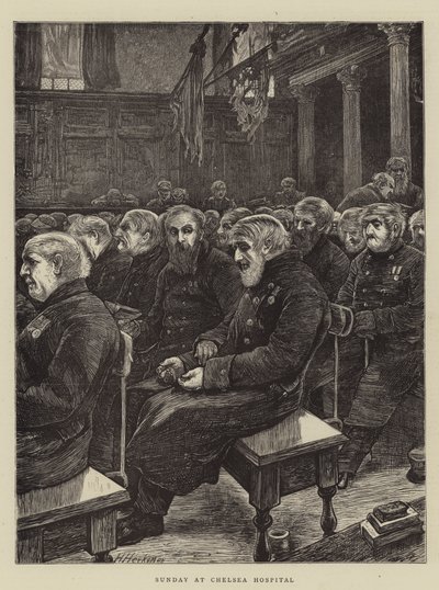 Zondag in Chelsea Hospital door Hubert von Herkomer
