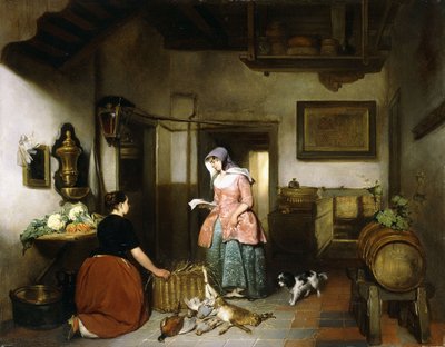 Interieur van een Provisiekamer met Vrouwen die Wild Schoonmaken, 1852 door Hubertus van Hove