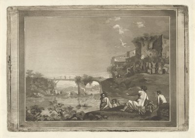 Landschap met badende nimfen door Hubertus van Hove