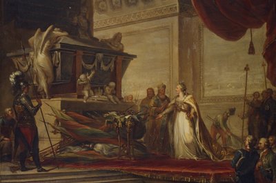 Catharina II legt de trofeeën van de Slag bij Chesma op het graf van Peter de Grote, 1791 door Hüne