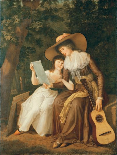 Dubbelportret van Mary, Gravin van Erne, met haar dochter Lady Caroline Crichton, later Lady Wharncliffe, volledig lengte, zittend, de eerste in een bruine jurk met een gele sjerp, een grote strohoed dragend door Hugh Douglas Hamilton