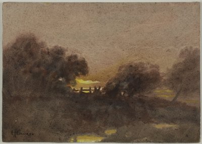Landschap met poort bij zonsondergang door Hugh Huntington Howard
