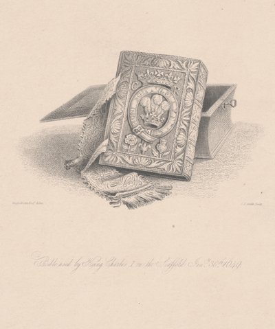 Bijbel gebruikt door koning Charles I op het schavot op 30 januari 1649, gegraveerd door C.J. Smith door Hugh Irvine