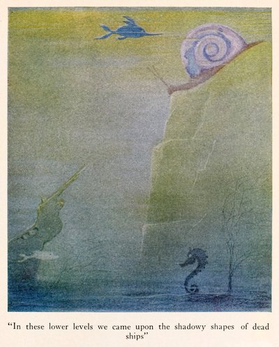 "Op deze lagere niveaus kwamen we de schaduwachtige vormen van dode schepen tegen" illustratie uit De Reizen van Dokter Dolittle door Hugh Lofting
