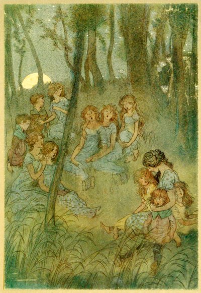 En nachtelijke weidefeeën, kijk je zingen, uit De Vrolijke Vrouwtjes van Windsor, 1910 door Hugh Thomson