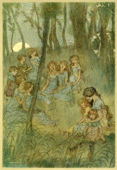 En nachtelijke weidefeeën, kijk je zingen, uit De Vrolijke Vrouwtjes van Windsor, pub. 1910 door Hugh Thomson