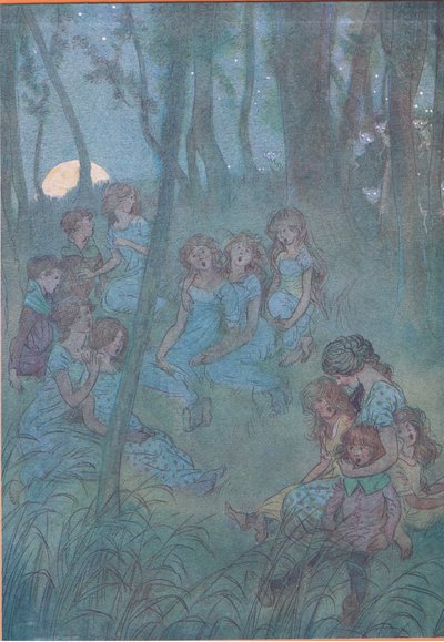 En nachtelijke weidefeeën, kijk je zingen, illustratie uit De Vrolijke Vrouwtjes van Windsor, 1910 door Hugh Thomson