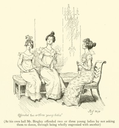 Op zijn eigen bal beledigde Mr. Bingley twee of drie jonge dames door hen niet ten dans te vragen, omdat hij volledig in beslag werd genomen door een ander (gravure) door Hugh Thomson