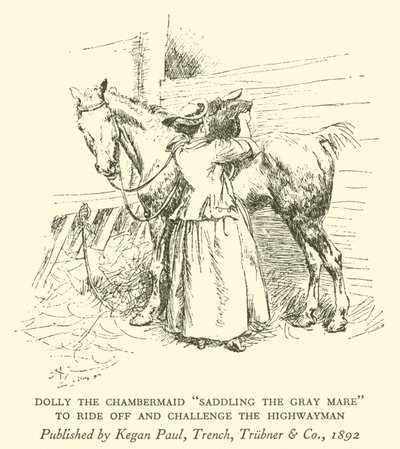 Dolly de kamermeid "Het zadelen van de grijze merrie", om weg te rijden en de struikrover uit te dagen (gravure) door Hugh Thomson