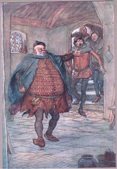 Enter Falstaff, pistool, Nym en Bardolph, illustratie uit The Merry Wives of Windsor, 1910 door Hugh Thomson