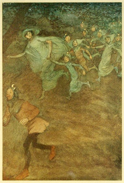 Enter Sir Hugh Evans, Anne Page, en anderen, uit De Vrolijke Vrouwtjes van Windsor, uitgegeven 1910 door Hugh Thomson
