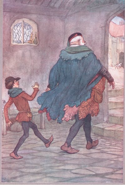 Exeunt Falstaff en Robin, illustratie uit The Merry Wives of Windsor, 1910 door Hugh Thomson