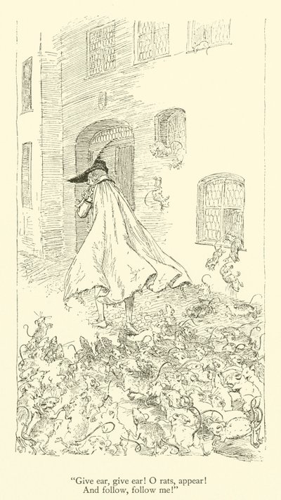 Luister, luister! O ratten, verschijn! en volg, volg mij! (gravure) door Hugh Thomson