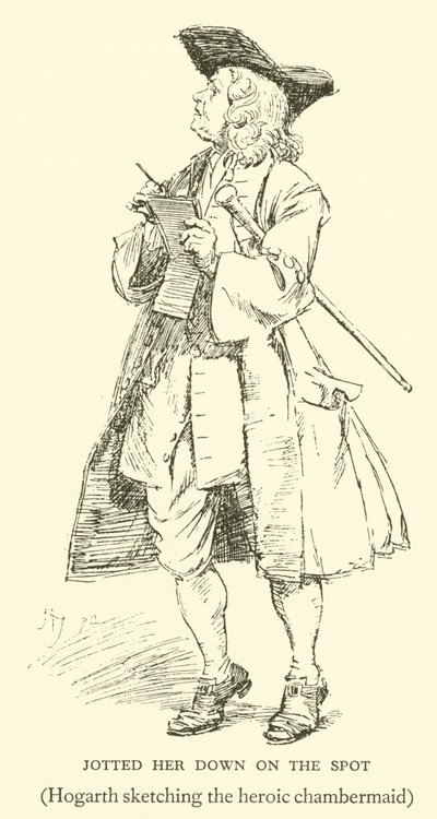 Noteerde haar ter plekke, Hogarth schetst de heroïsche kamermeid (gravure) door Hugh Thomson