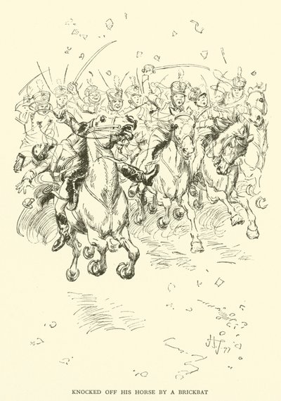 Van zijn paard geslagen door een baksteen (gravure) door Hugh Thomson
