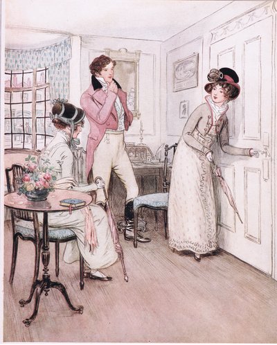 Miss Henrietta en Miss Fanny, aangemoedigd door deze sympathie, naderen de deur van de interessante slaapkamer door Hugh Thomson