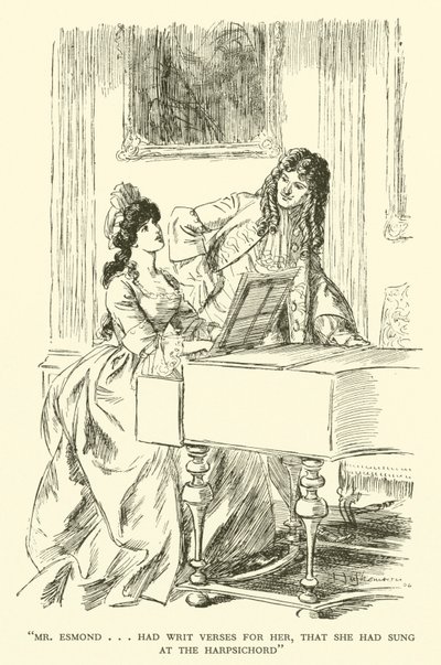 Mr. Esmond... had verzen voor haar geschreven, die zij aan het klavecimbel had gezongen (gravure) door Hugh Thomson