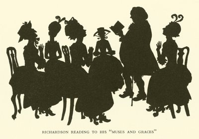 Richardson leest voor aan zijn "Muzen en Gratiën" (gravure) door Hugh Thomson