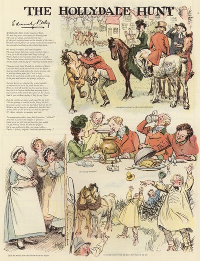 Serie illustraties die de Hollydale Hunt uitbeelden door Hugh Thomson