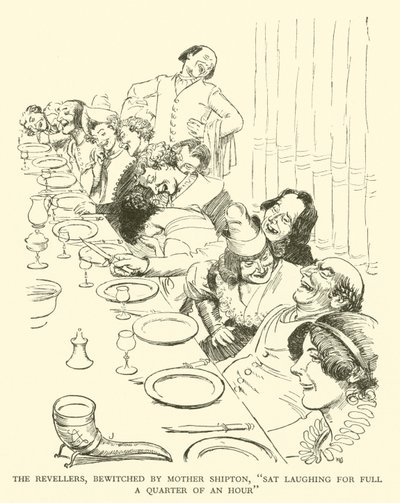 De feestvierders, betoverd door Moeder Shipton, "lachten een kwartier lang" (gravure) door Hugh Thomson