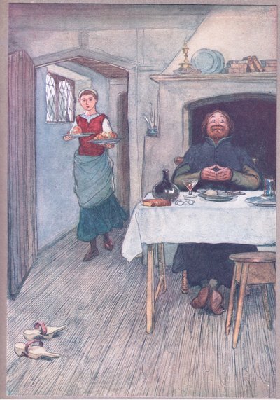 Er komen appels en kaas, illustratie uit The Merry Wives of Windsor, 1910 door Hugh Thomson