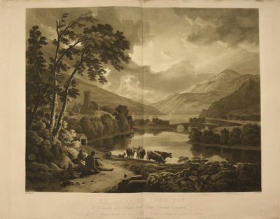 Illustratie met een uitzicht op Kenmore aan Loch Tay in Schotland. Een meer- en berglandschap in de Hooglanden. door Hugh William Williams