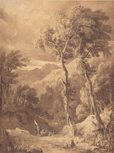 Bergachtig landschap met een groep reizigers scène op de rivier Pellene Achaia door Hugh William Williams