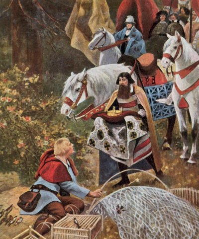 De Duitse koninklijke kroon wordt aangeboden aan Hendrik de Voerman, 919 (kleurenlitho) door Hugo (after) Vogel