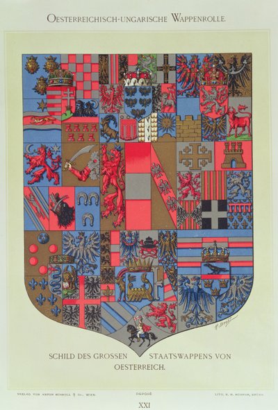 Wapen van het Oostenrijks-Hongaarse Rijk, met de wapenschilden van het Keizerlijk Oostenrijks Hof, gegraveerd door R. M. Rohrer door Hugo Gerard Strohl