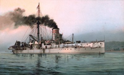 Lithografie van het Duitse pantserschip SMS Württemberg door Hugo Graf