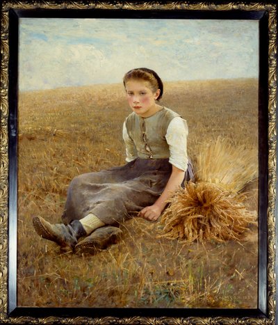 Een kleine Zweedse boer zittend op hooi door Hugo Salmson