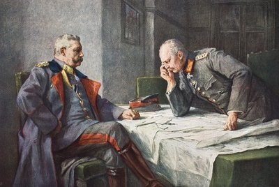 Generaal von Hindenburg en Generalquartiermeister Erich von Ludendorff aan de kaarttafel door Hugo Vogel